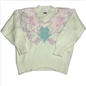 Vtg Jaclyn Smith M Embroidered V-Neck Knit Sweater Pearls Coquette White 1980s